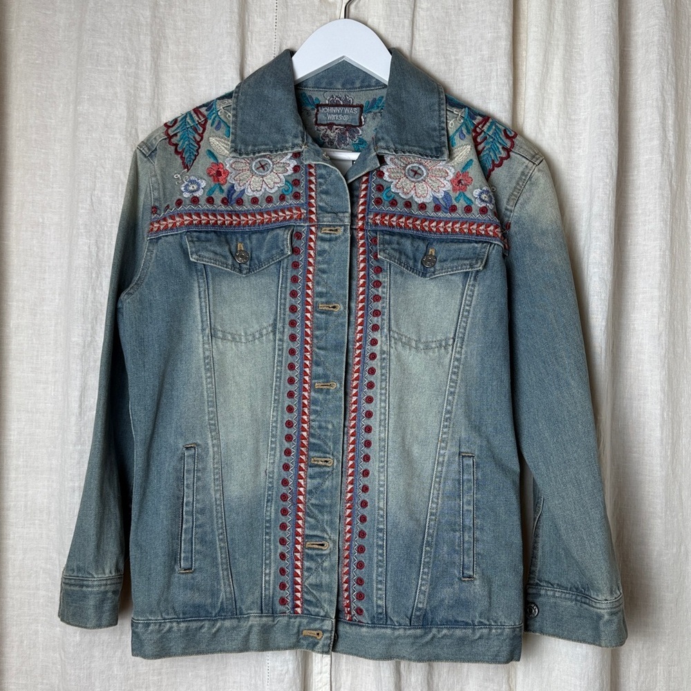 JOHNNY WAS Workshop Oman Embroidered Denim Jacket Blue Size S